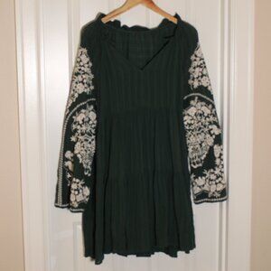 Free people Green long sleeve embroidered mini dress Large